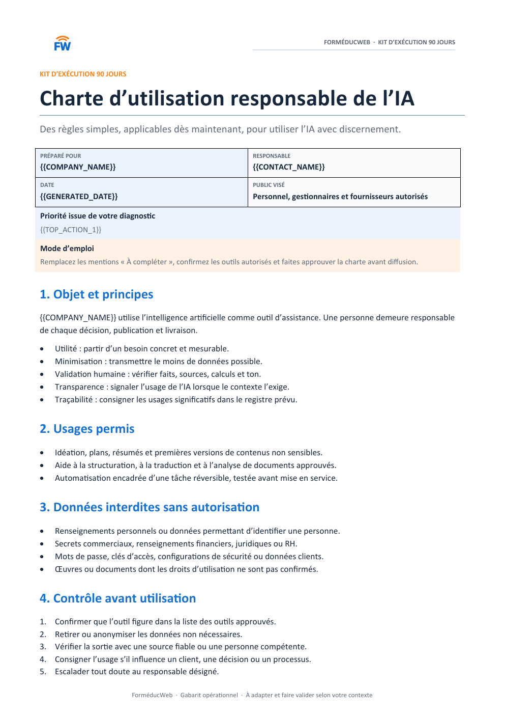 Aperçu fictif du gabarit Charte IA éditable (DOCX)