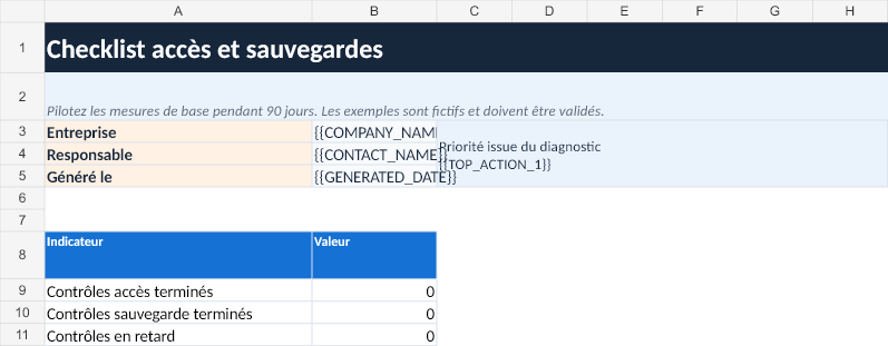 Aperçu fictif du gabarit Checklist accès et sauvegardes (XLSX)