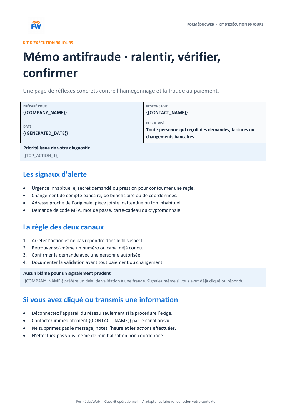 Aperçu fictif du gabarit Mémo antifraude (DOCX)