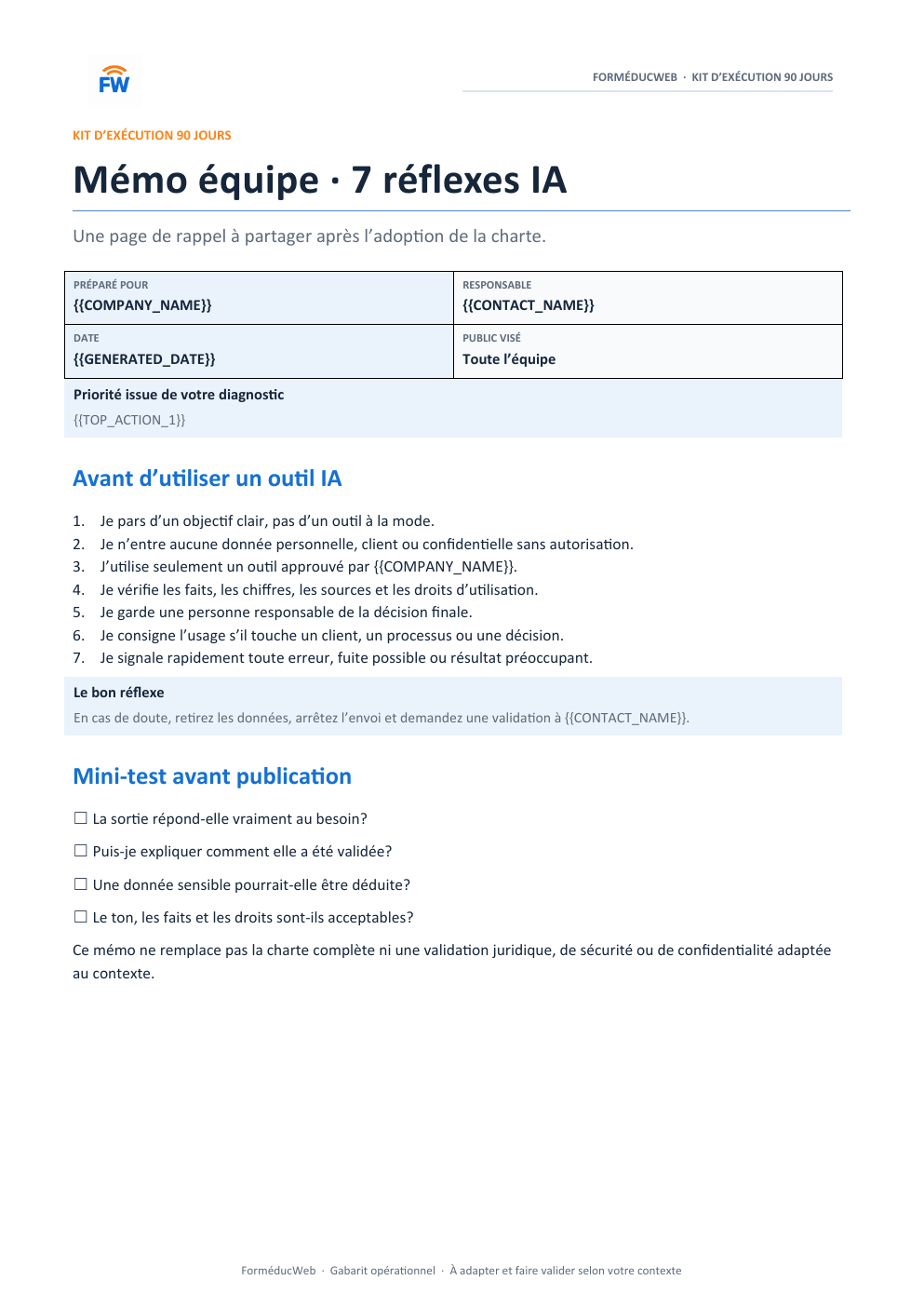 Aperçu fictif du gabarit Mémo d’équipe (DOCX)