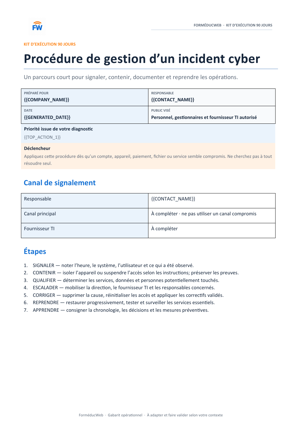 Aperçu fictif du gabarit Procédure d’incident (DOCX)