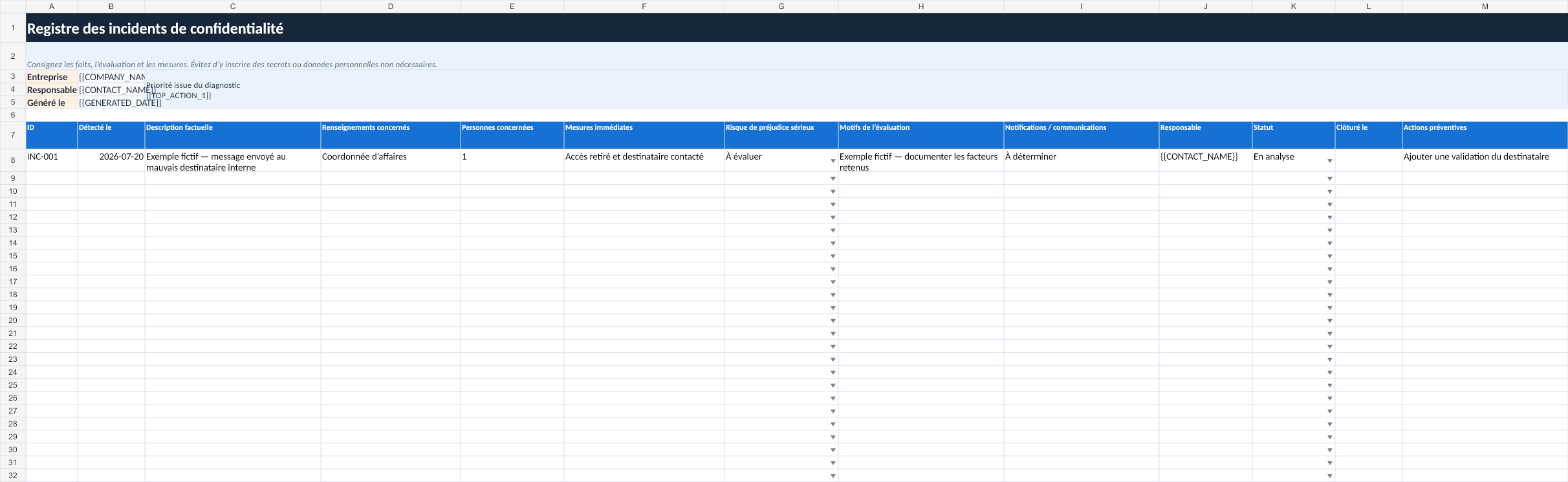 Aperçu fictif du gabarit Registre d’incidents (XLSX)